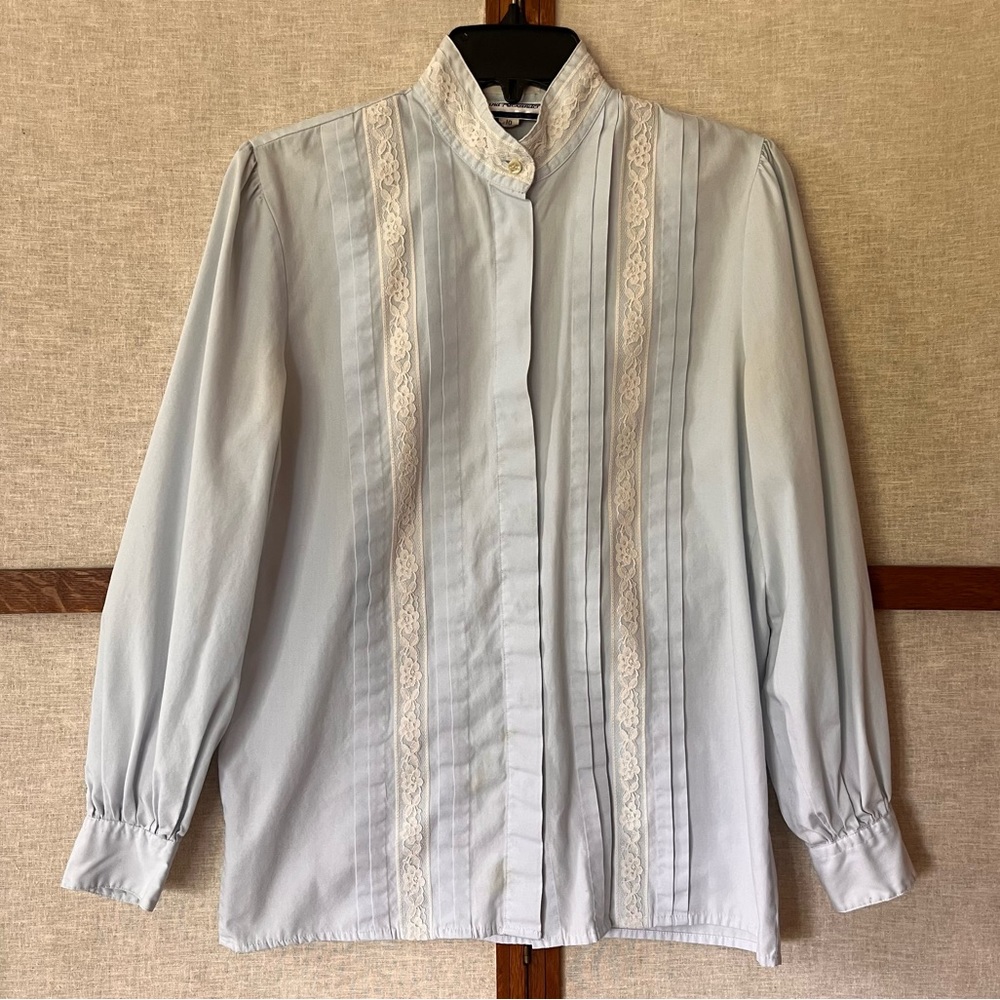 Dana Alexander Vintage Blue Button-front Blouse With Lace and Pleats